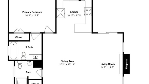 A floor plan with a primary bedroom, kitchen, dining area, living room, bathroom, closet, foyer, and fireplace.
