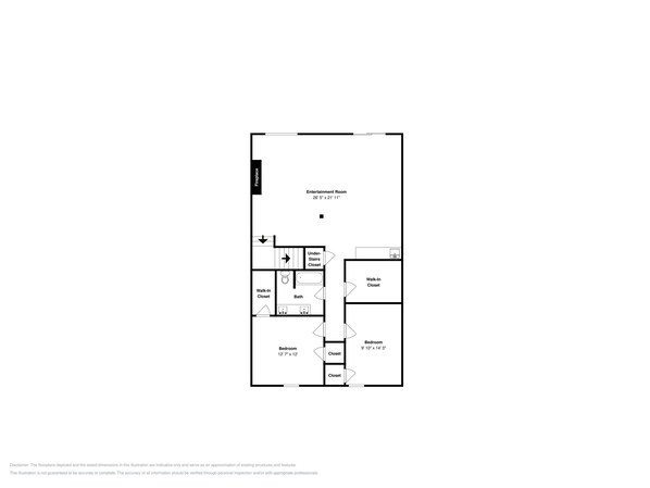 A floor plan with an entertainment room, walk-in closets, a bathroom, and two bedrooms. - Space Mountain by Taylor Made Deep Creek (McHenry)