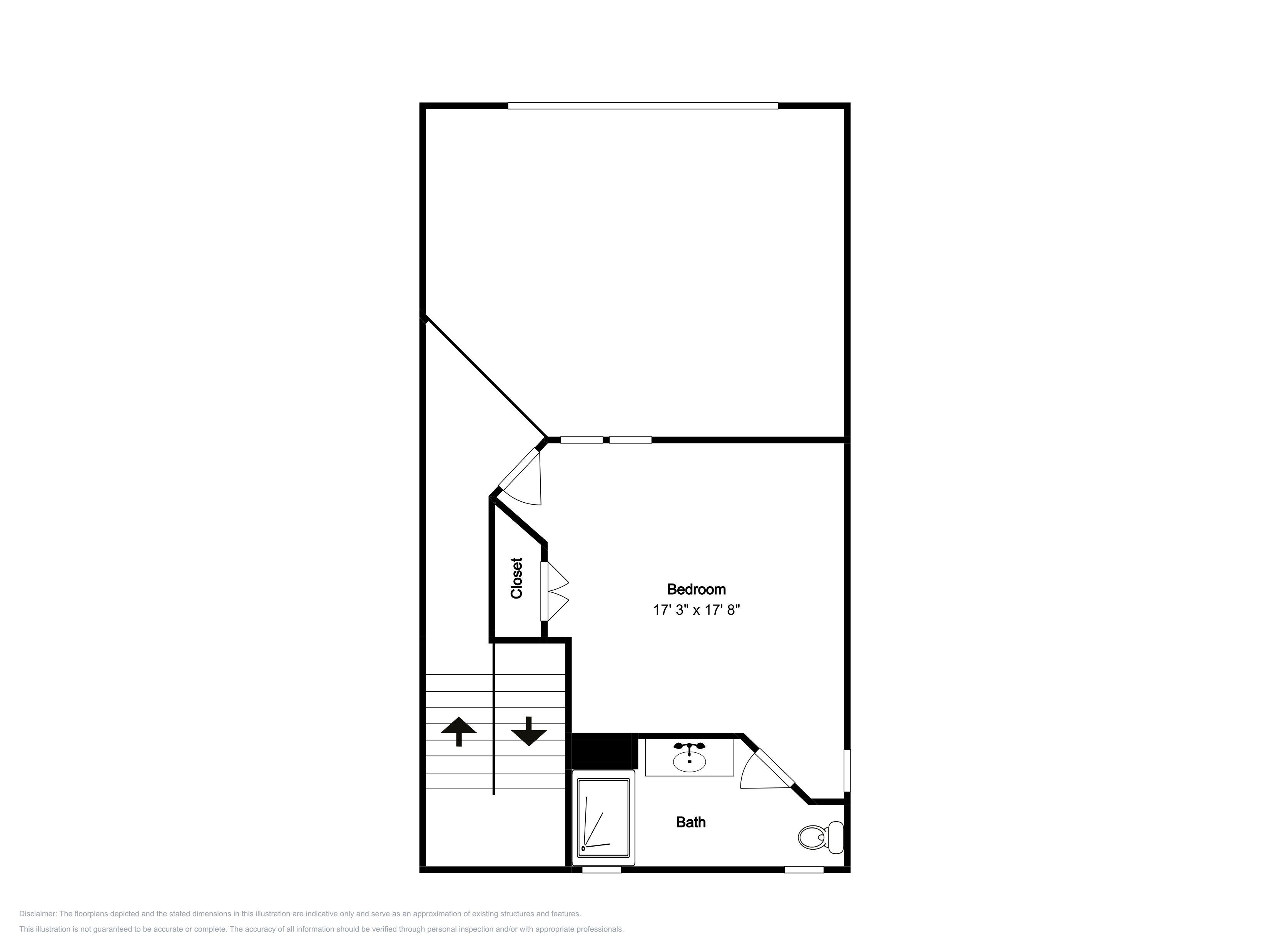 A bedroom measuring 17' 3" x 17' 8" and a bathroom with a toilet and sink.