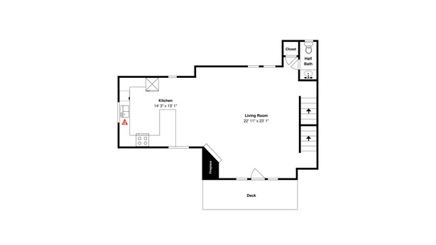 Pianta degli ambienti con una cucina di 4,3 metri per 3,9 metri, un soggiorno di 7 metri per 7 metri e un'area terrazza.