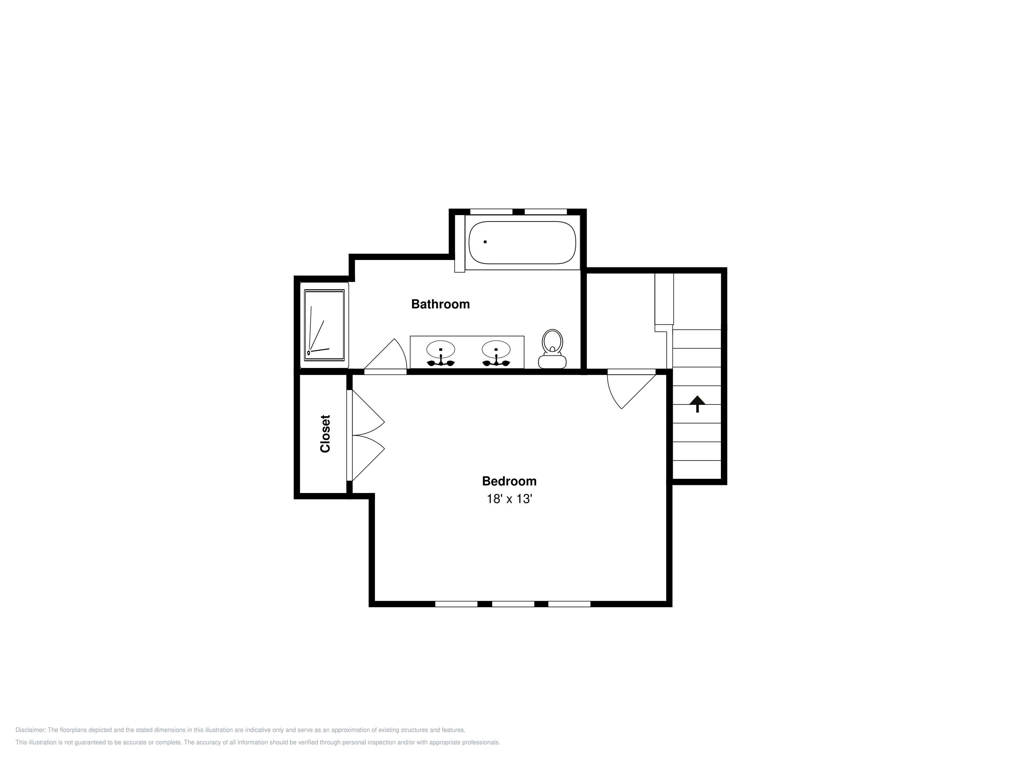 A floor plan with a bedroom measuring 18' x 13', a bathroom, and a closet.