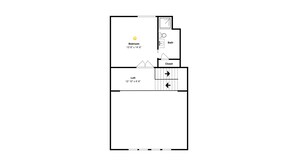 Planta baixa com um quarto, mezanino, banheiro e armário.