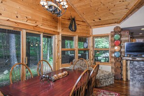 A wooden interior with a dining table, chairs, a fireplace, and large windows.