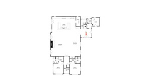 Een plattegrond met een keuken, eetkamer, woonkamer, twee slaapkamers, een badkamer en een entree.