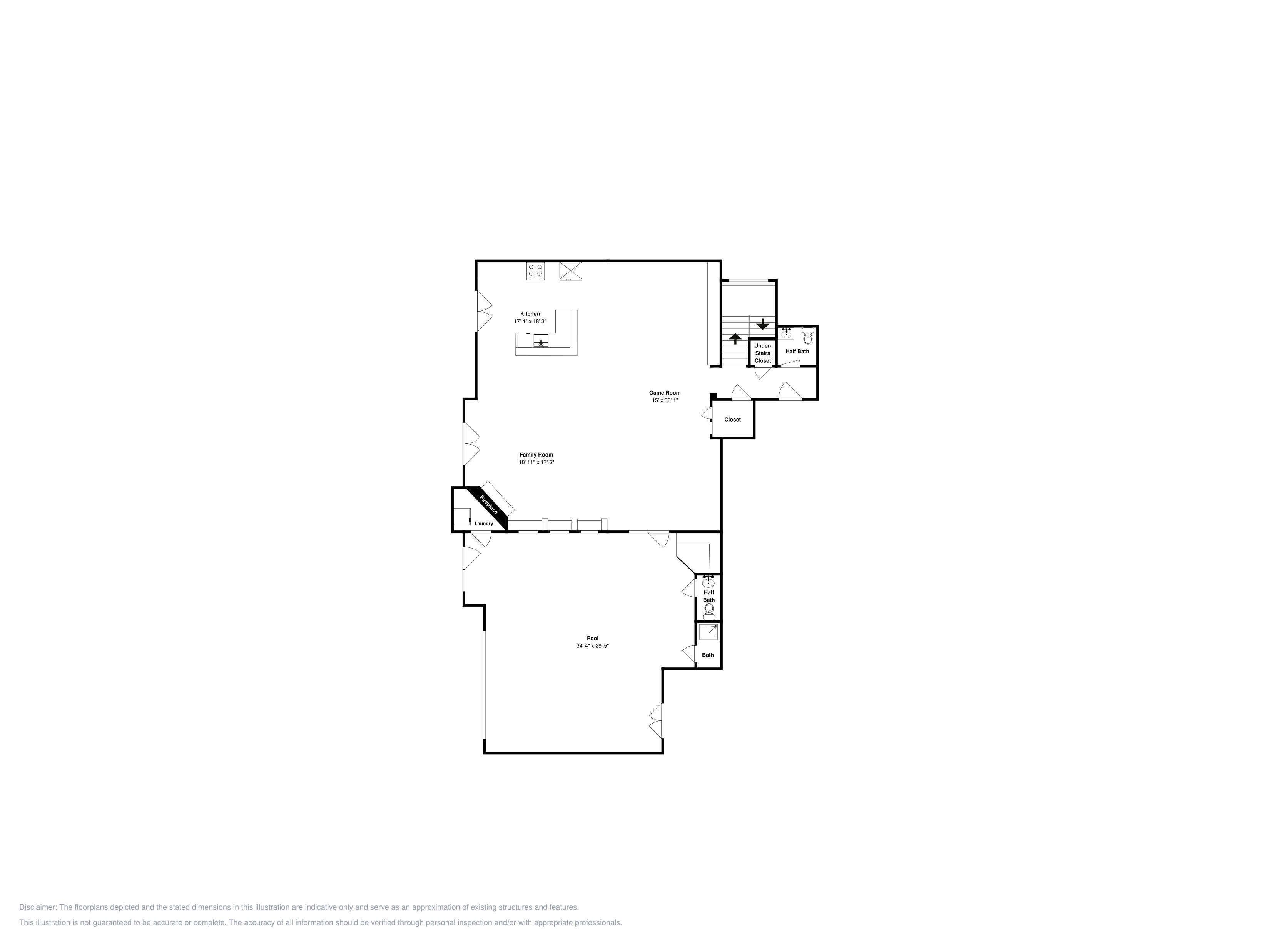 A floor plan with a kitchen, game room, family room, laundry, half bath, and pool.