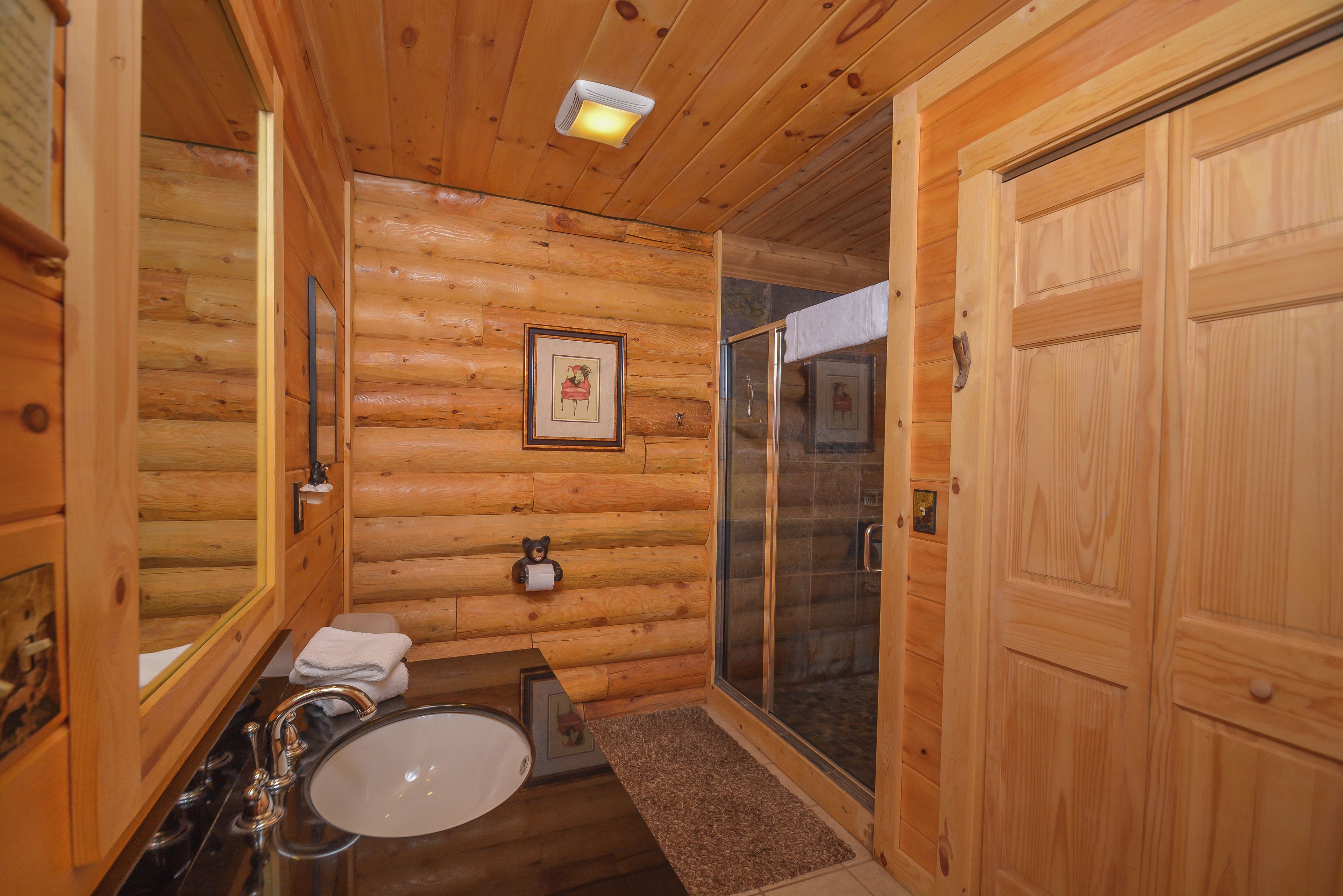 A wooden cabin bathroom with a sink, mirror, framed picture, and a glass shower door.