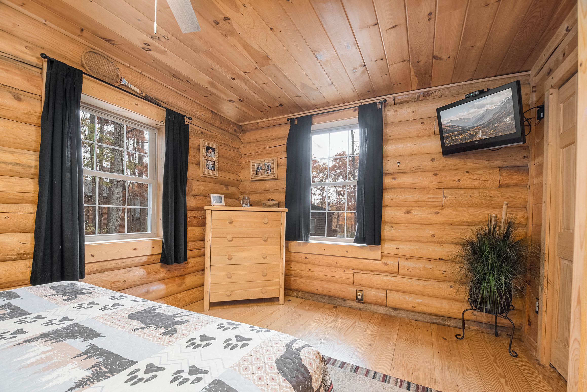 A wooden cabin room with a bed, dresser, windows, and a television.