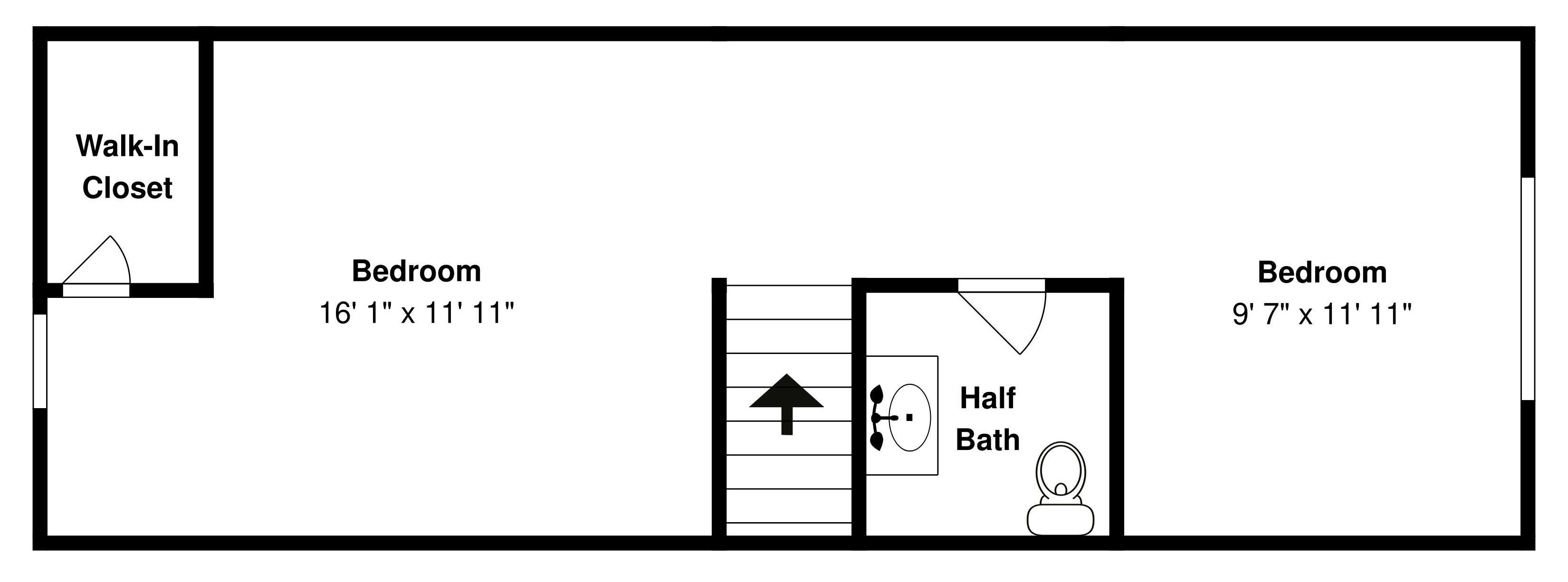 A floor plan with a walk-in closet, two bedrooms, and a half bath.