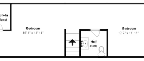 A floor plan with a walk-in closet, two bedrooms, and a half bath.