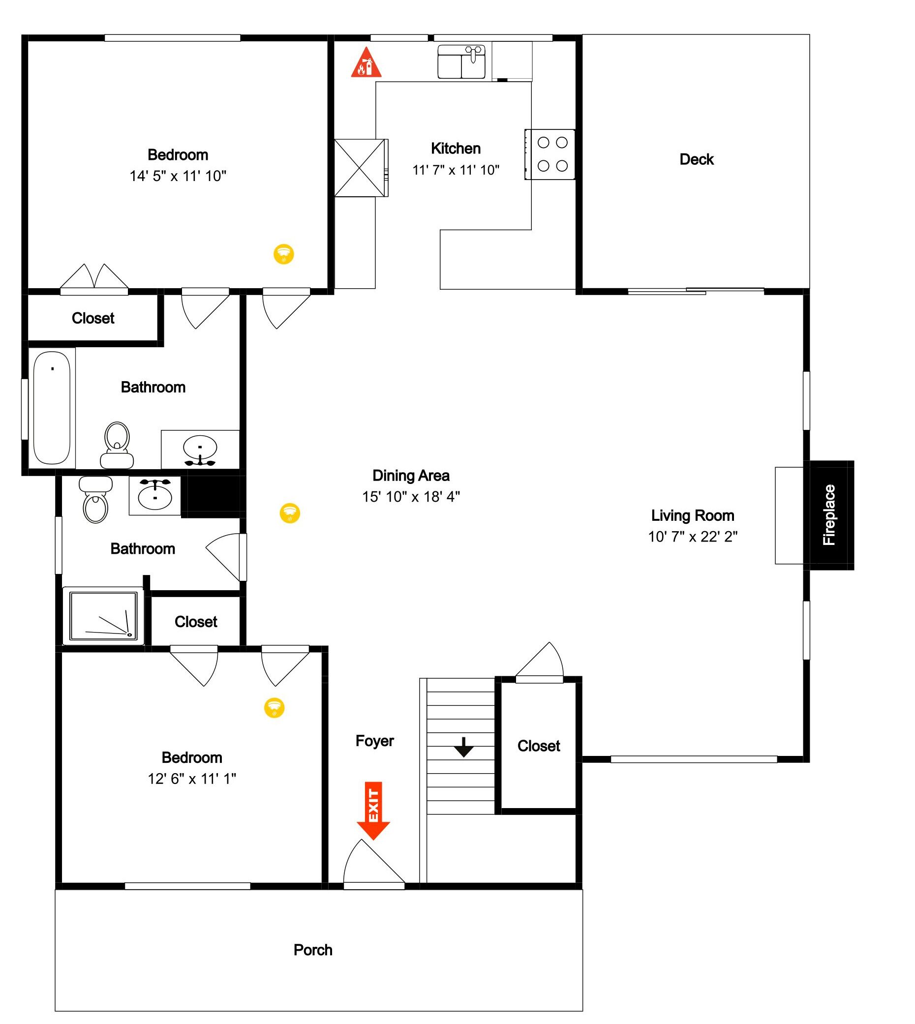 A floor plan with a bedroom, kitchen, dining area, living room, foyer, and porch.