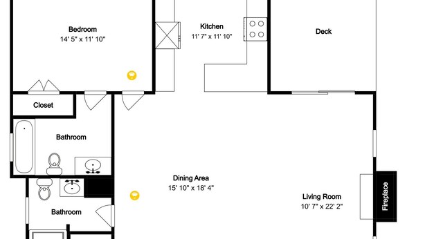 A floor plan with a bedroom, kitchen, dining area, living room, foyer, and porch. - Trailside Tranquility by Taylor Made Deep Creek (Oakland)