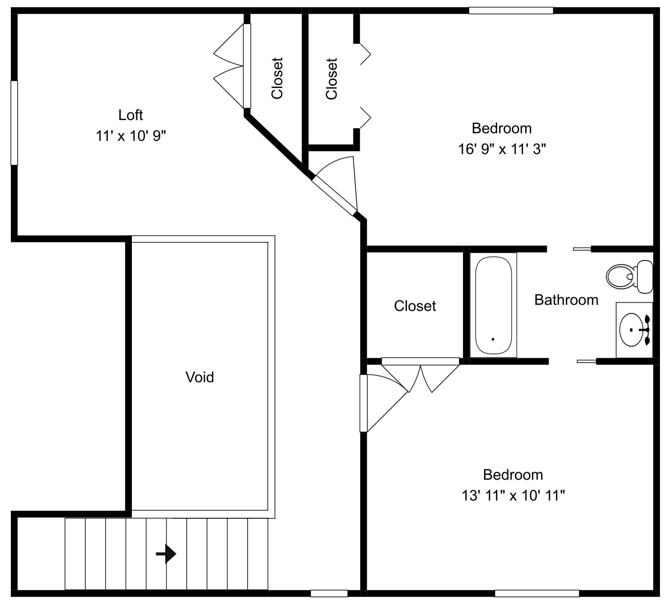 A floor plan with a loft, two bedrooms, a bathroom, and a closet.