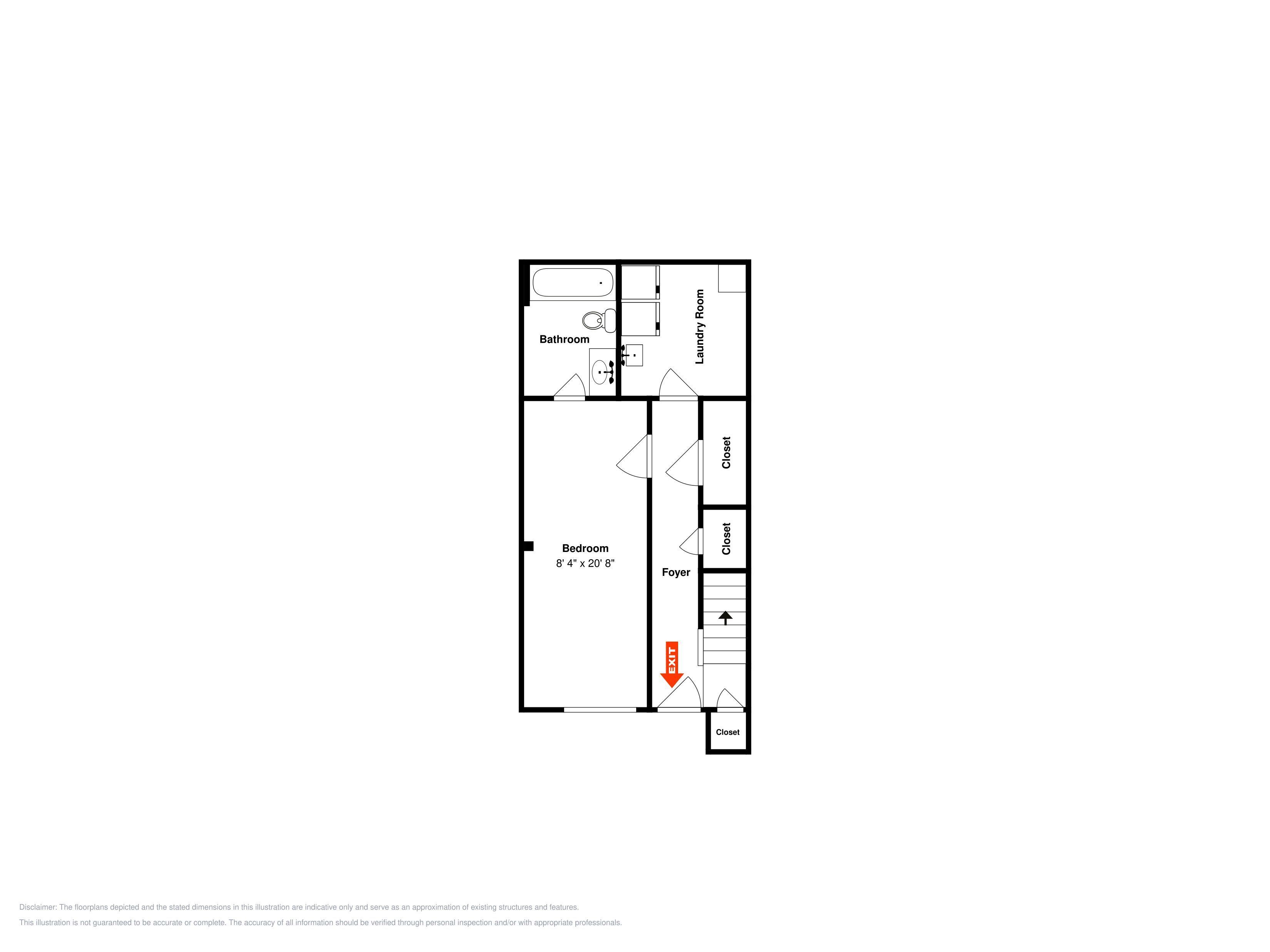 A floor plan with a bedroom, bathroom, laundry room, and two closets.