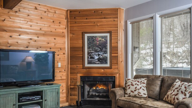A cozy living room with a fireplace, a television on a wooden cabinet, and a couch with patterned cushions. - Pivots & Divots by Taylor Made Deep Creek (McHenry)