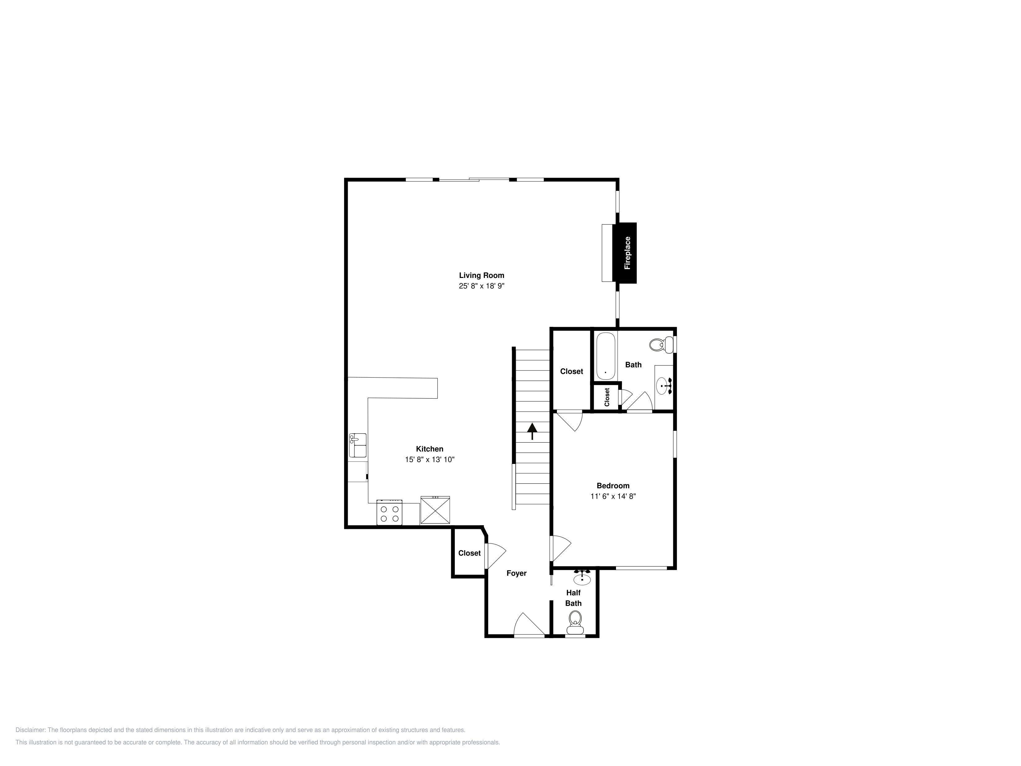 Ein Grundriss mit Wohnzimmer, Küche, Schlafzimmer und zwei Bädern.