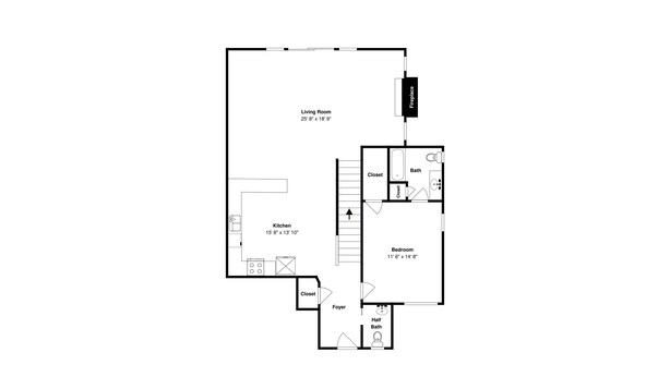 A floor plan with a living room, kitchen, bedroom, and two bathrooms. - Whispering Pines by Taylor Made Deep Creek (Oakland)