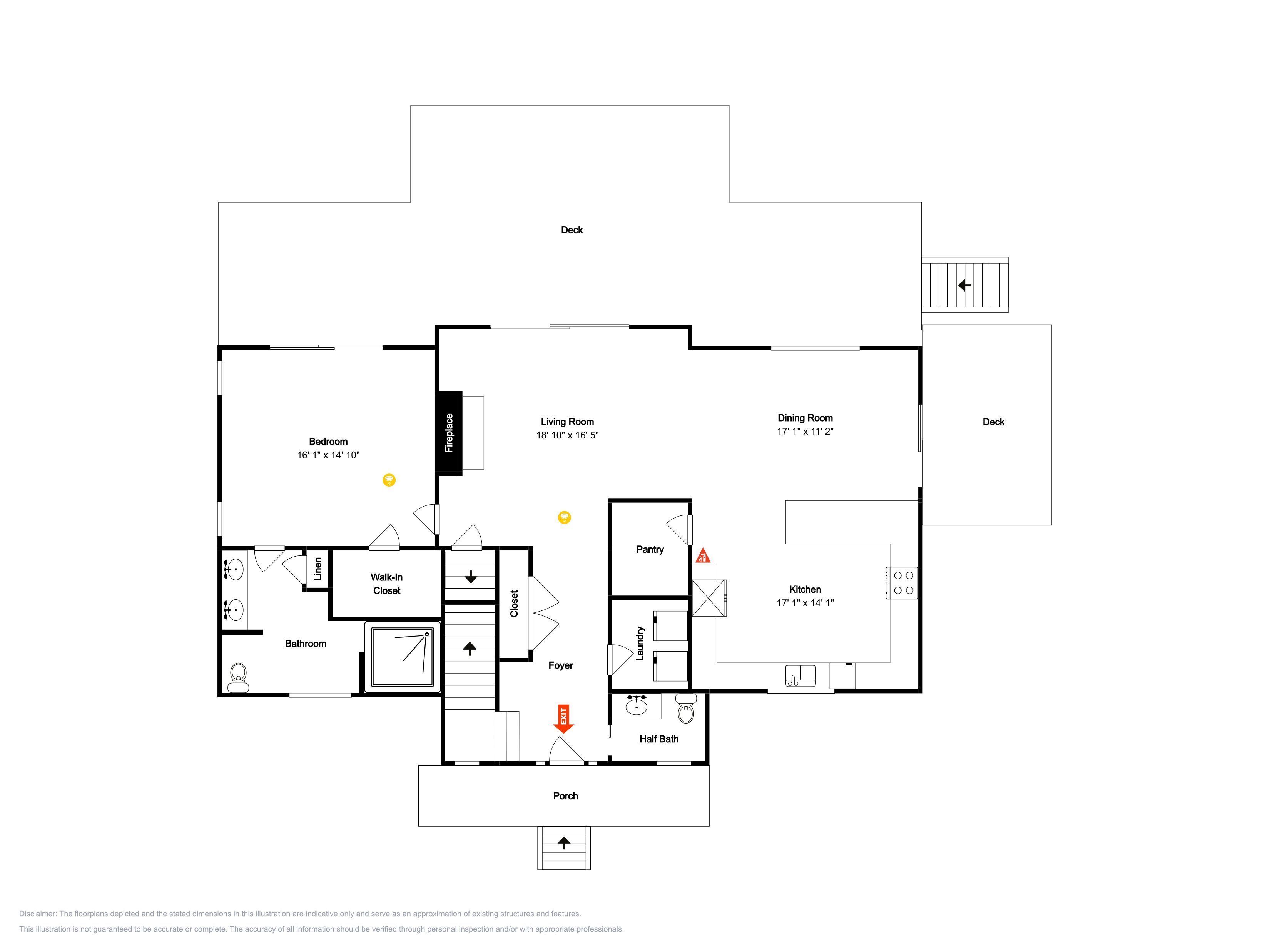 Een plattegrond toont een slaapkamer, woonkamer, eetkamer, keuken, badkamer, hal en veranda.