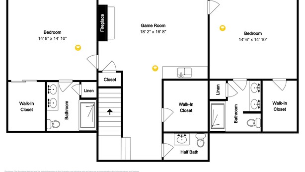 A floor plan with a bedroom, game room, walk-in closet, linen, and half bath.