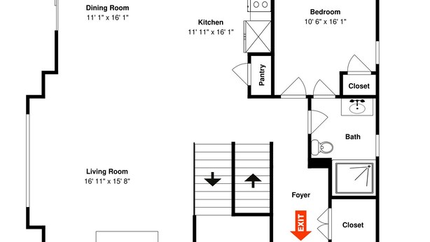 A floor plan with a dining room, kitchen, living room, bedroom, bathroom, and foyer. - Wisp N Around by Taylor Made Deep Creek (McHenry)