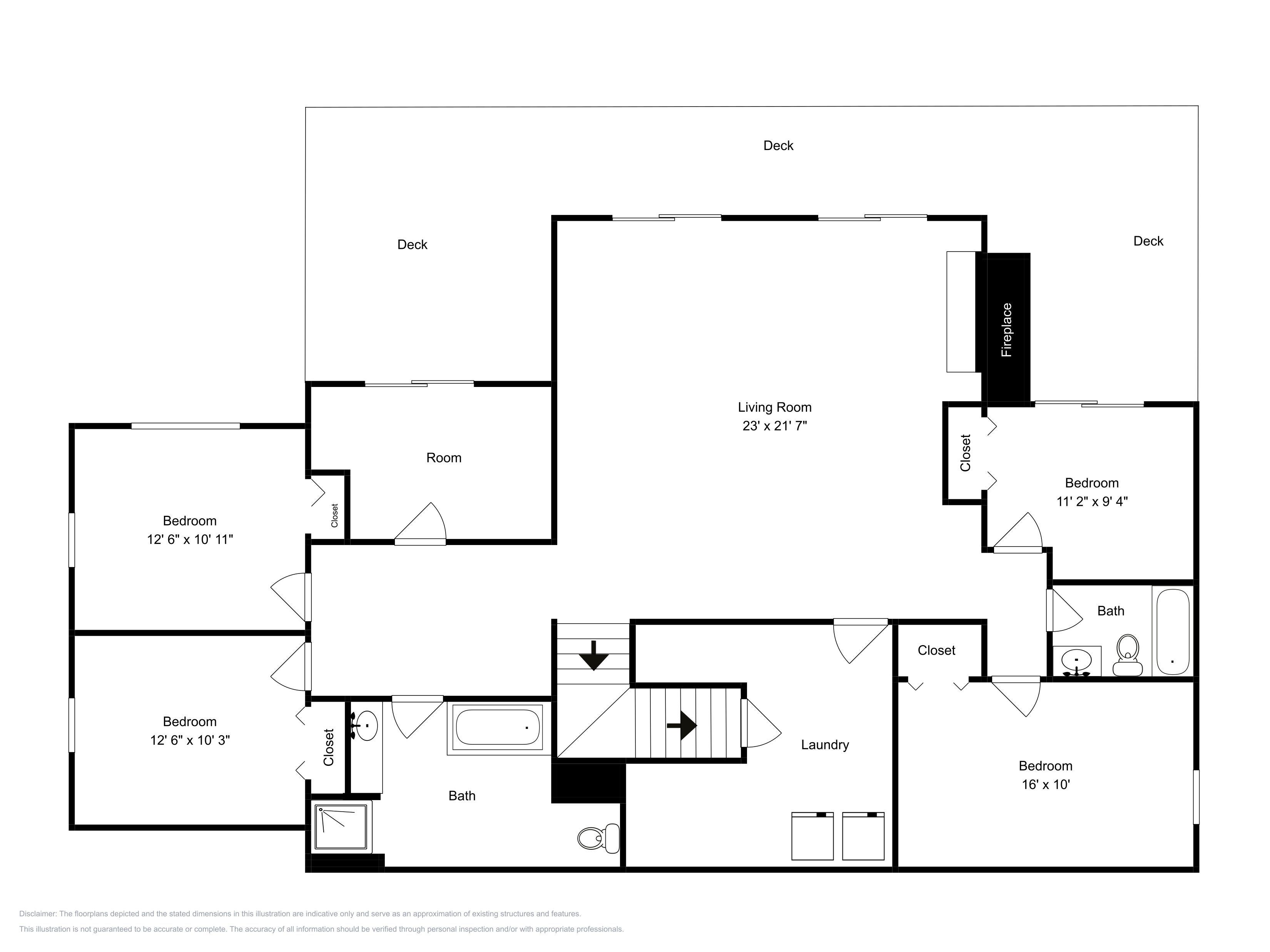 A floor plan with a living room, two bedrooms, a bathroom, a closet, and a laundry area.