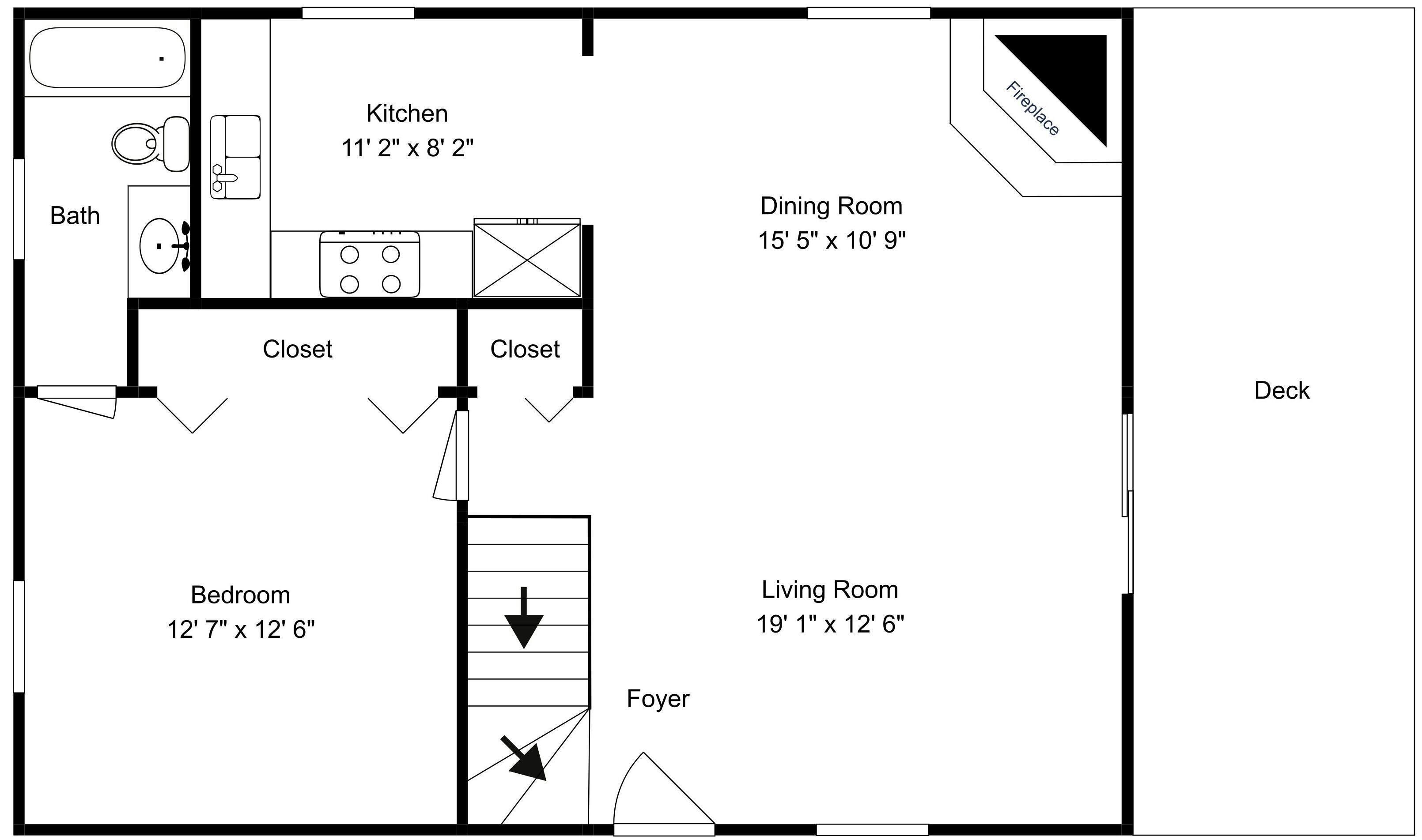 A floor plan with a kitchen, dining room, living room, bedroom, two closets, a foyer, and a fireplace.