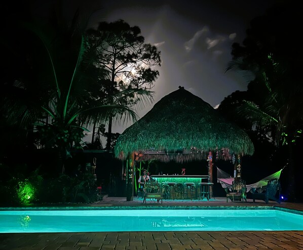 A pool area with a thatched-roof structure, surrounded by palm trees and a clear sky.