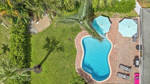 An aerial view of a swimming pool surrounded by a brick patio, with two umbrellas and lounge chairs. - *NEW 3/2 Pool Home, Private Yard, Great Location! (Jupiter)