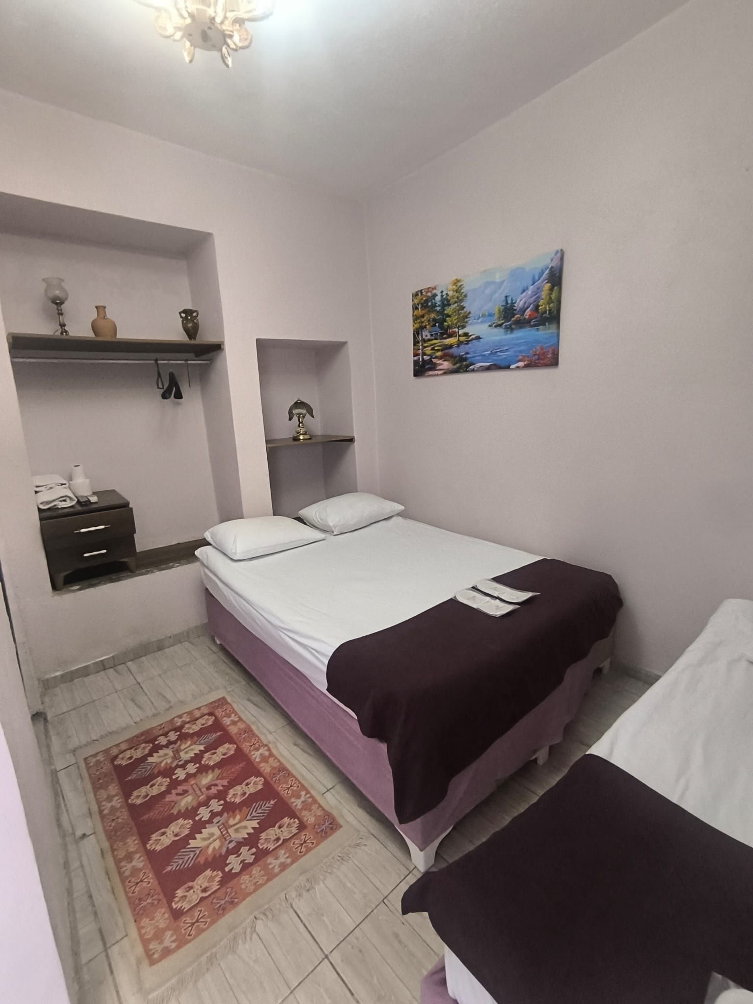A bedroom with a bed, a nightstand, a shelf with decorative items, a painting, and a patterned rug.