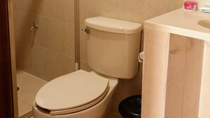 A bathroom with a toilet, a shower, and a sink. - San Román room inside the historic center (Campeche)