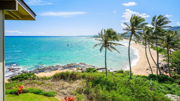 Vista de playa con palmeras y cielo despejado.