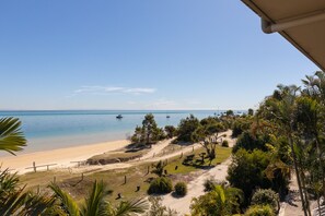 Uma praia com vista clara para o mar, um caminho de areia e vegetação exuberante.