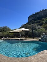 Outdoor pool, pool umbrellas, sun loungers