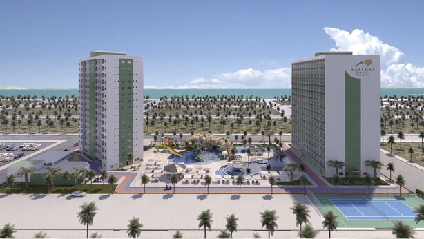 A hotel complex with two high-rise buildings, a central recreational area with water features, and a tennis court.