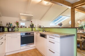 Fridge, oven, stovetop, dishwasher - Luxurious Penthouse Apartment Close to Lake Constance with Garden & Wi-Fi (Höchst)