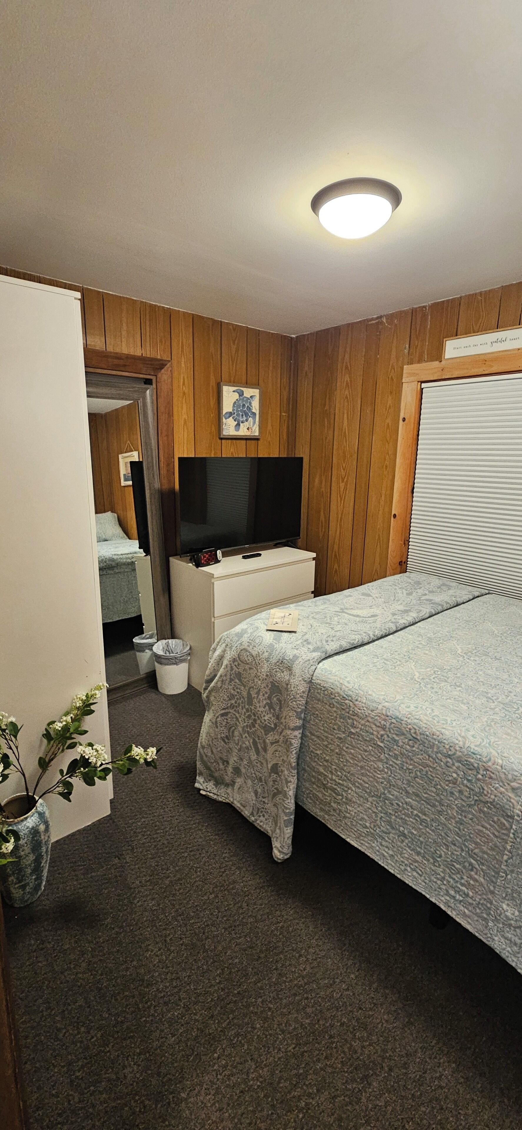 Une chambre d’hôtel avec un lit, une télévision, une commode, un miroir et un luminaire au plafond.