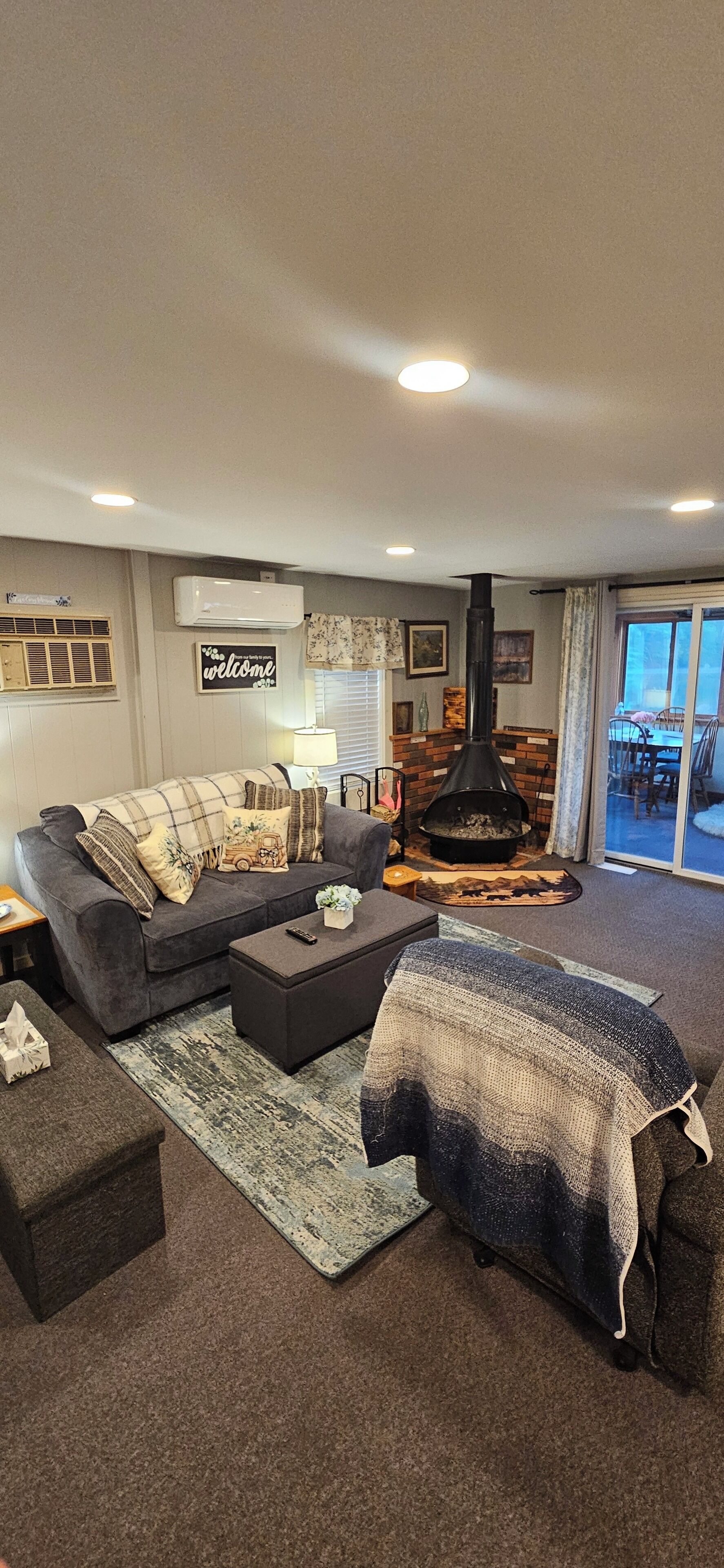 TV connectée, cheminée, livres, chaîne hi-fi