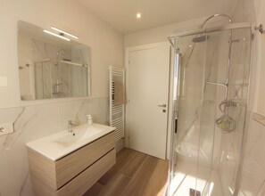 Shower, hair dryer, bidet, towels