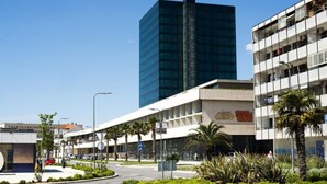 A modern urban street with a roundabout, palm trees, and buildings with glass facades. - Studio apartment Miko - top location, great place to enjoy (Split)