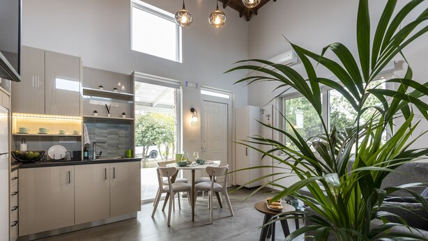 A modern kitchen with a dining area, large windows, and a potted plant. - EPTA Houses (KOS)