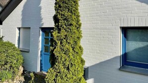 Un bâtiment blanc avec une porte bleue et des volets bleus, un jardin vertical et un chemin pavé de pierres.