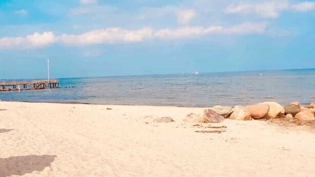 Une plage avec une jetée en bois qui s’avance dans des eaux calmes.