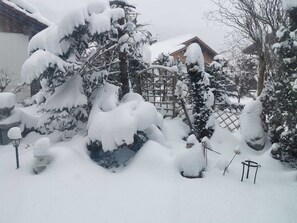 A snowy garden with trees and a wooden fence. - Constance mountain view with winter garden (Oberstaufen)