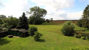 Een grasveld met een klein groen gebouw, bomen en een heldere lucht.