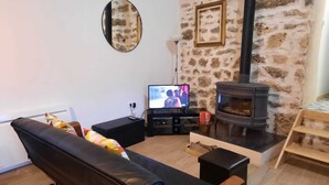 Una sala de estar con pared de piedra, chimenea, sofá y televisor.