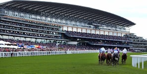 A large stadium with multiple tiers of seating and a track for horse racing.