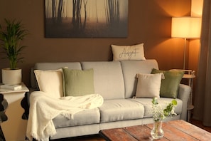 TV, fireplace, books, stereo