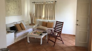 Un salon comprenant un canapé, une chaise en bois, une table basse, un ventilateur de plafond et une porte.