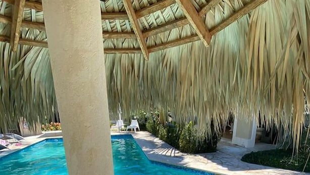 Une piscine dotée d’une structure de toit en chaume, avec une eau d’un bleu limpide, et une personne qui nage.
