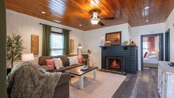 Smart TV, fireplace, DVD player, books