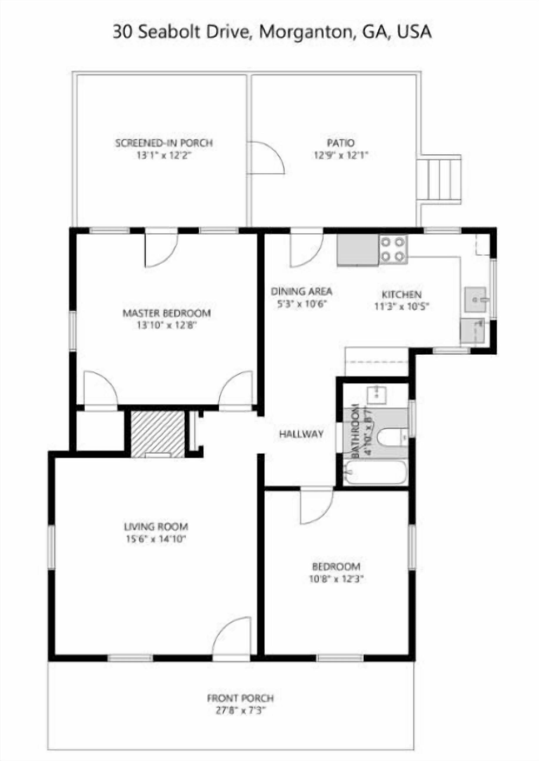 A floor plan of a 2-bedroom apartment with a screened-in porch, patio, dining area, kitchen, master bedroom, living room, and front porch.